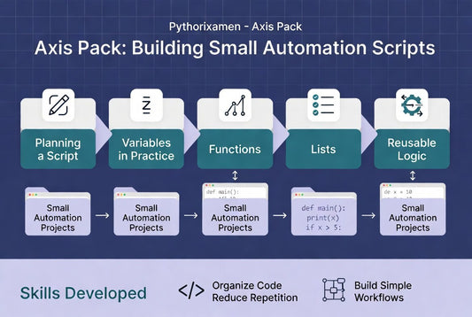 An educational infographic titled 'Axis Pack: Building Small Automation Scripts' by Pythorixamen, showing a five-step workflow for learning automation scripting: Planning a Script, Variables in Practice, Functions, Lists, and Reusable Logic. The graphic features a dark blue background with a light purple footer detailing skills developed, including organizing code and building simple workflows.
