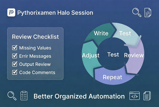 A digital presentation slide titled 'Pythorixamen Halo Session' with a review checklist on the left and a circular test-and-review workflow diagram on the right, on a dark blue background.