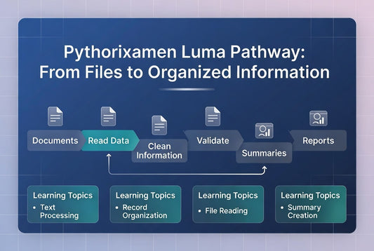 A digital infographic titled 'Pythorixamen Luma Pathway: From Files to Organized Information' on a dark blue rounded rectangle over a pale lavender grid background. The diagram shows a workflow with Documents, Read Data, Clean Information, Validate, Summaries, and Reports, plus Learning Topics boxes at the bottom.