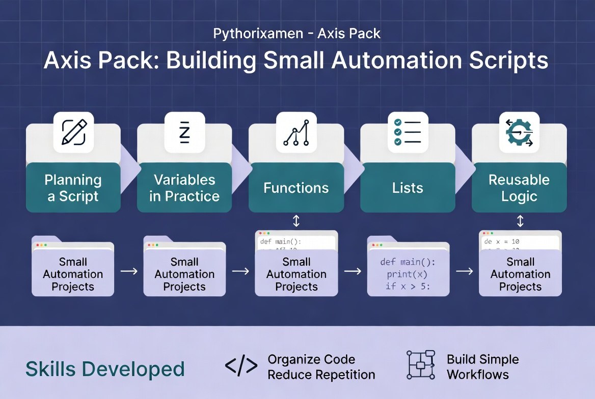 An educational infographic titled 'Axis Pack: Building Small Automation Scripts' by Pythorixamen, showing a five-step workflow for learning automation scripting: Planning a Script, Variables in Practice, Functions, Lists, and Reusable Logic. The graphic features a dark blue background with a light purple footer detailing skills developed, including organizing code and building simple workflows.