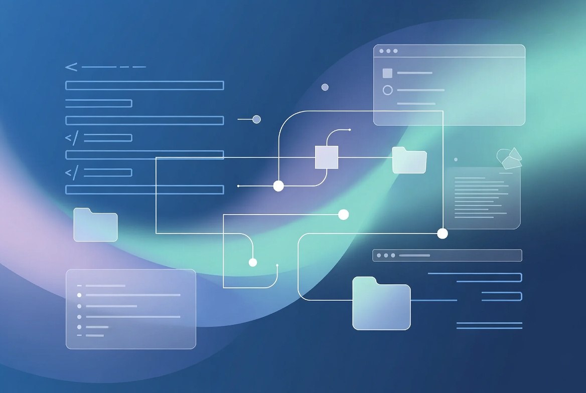 Abstract digital illustration featuring light blue and white UI elements, including folder icons, document boxes, and connection lines over a flowing blue and teal gradient background.
