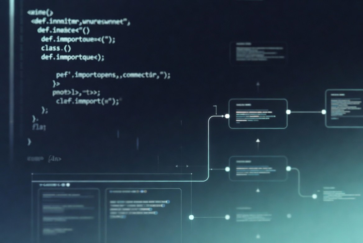 Digital graphic showing lines of programming code on a dark screen with a flowchart diagram overlaid in the foreground.
