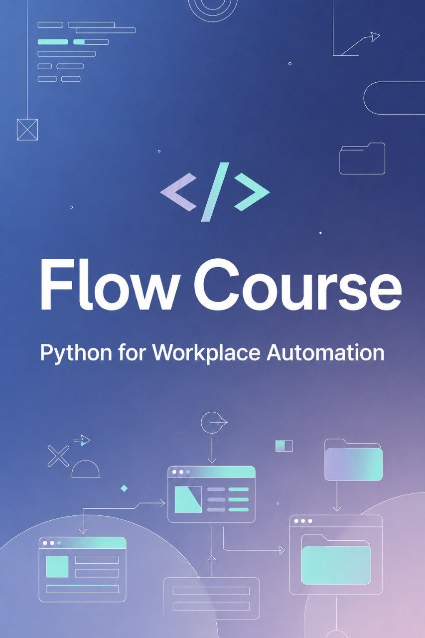 Digital cover graphic for a 'Flow Course' focused on Python for workplace automation, featuring a blue and purple gradient background with white and light teal text and technology-themed line icons.