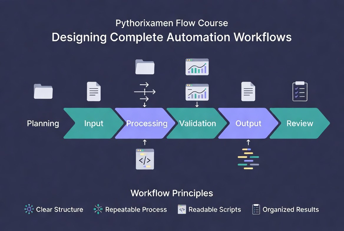 An infographic titled 'Pythorixamen Flow Course: Designing Complete Automation Workflows' on a dark navy background. It shows a workflow process with labeled stages Planning, Input, Processing, Validation, Output, and Review, plus icons and a legend under the heading 'Workflow Principles'.