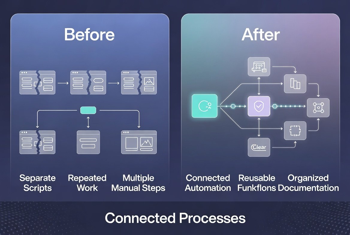 A promotional comparison graphic for a workflow automation tool, labeled 'Before' and 'After' with the heading 'Connected Processes.' The left panel shows a fragmented manual workflow with separate scripts, repeated work, and multiple manual steps.