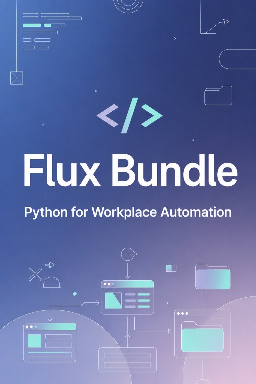 Digital cover graphic for a 'Flux Bundle' Python script bundle designed for workplace automation, featuring a blue and purple gradient background with minimalist tech UI line icons and white text.