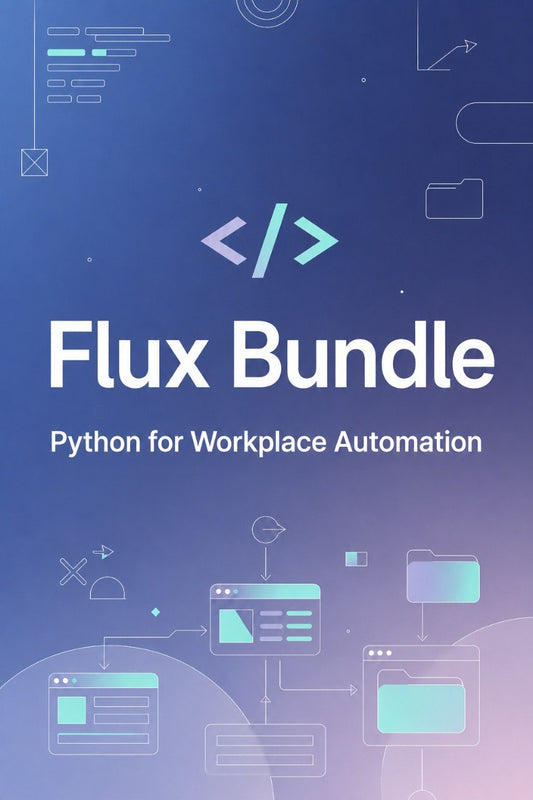 Digital cover graphic for a 'Flux Bundle' Python script bundle designed for workplace automation, featuring a blue and purple gradient background with minimalist tech UI line icons and white text.