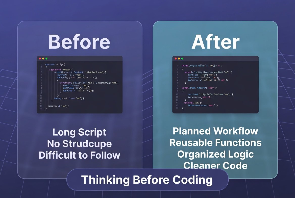 A promotional comparison graphic with two rounded panels labeled 'Before' and 'After' on a blue-purple grid background. The left panel shows a dark code window with text reading 'Long Script, No Strucduce, Difficult to Follow.