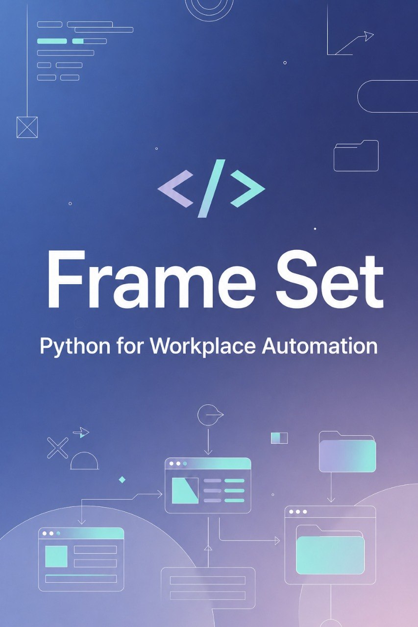 A digital cover graphic for a Python automation course or guide titled 'Frame Set' with the subtitle 'Python for Workplace Automation'. The design features a blue-to-purple gradient background with minimalist white and light teal code and workflow icons.