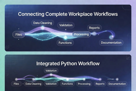 A digital infographic with two dark panels showing workflow diagrams. The top panel is titled 'Connecting Complete Workplace Workflows' and includes labeled nodes such as Files, Data Cleaning, Validation, Processing, Reports, and Documentation.