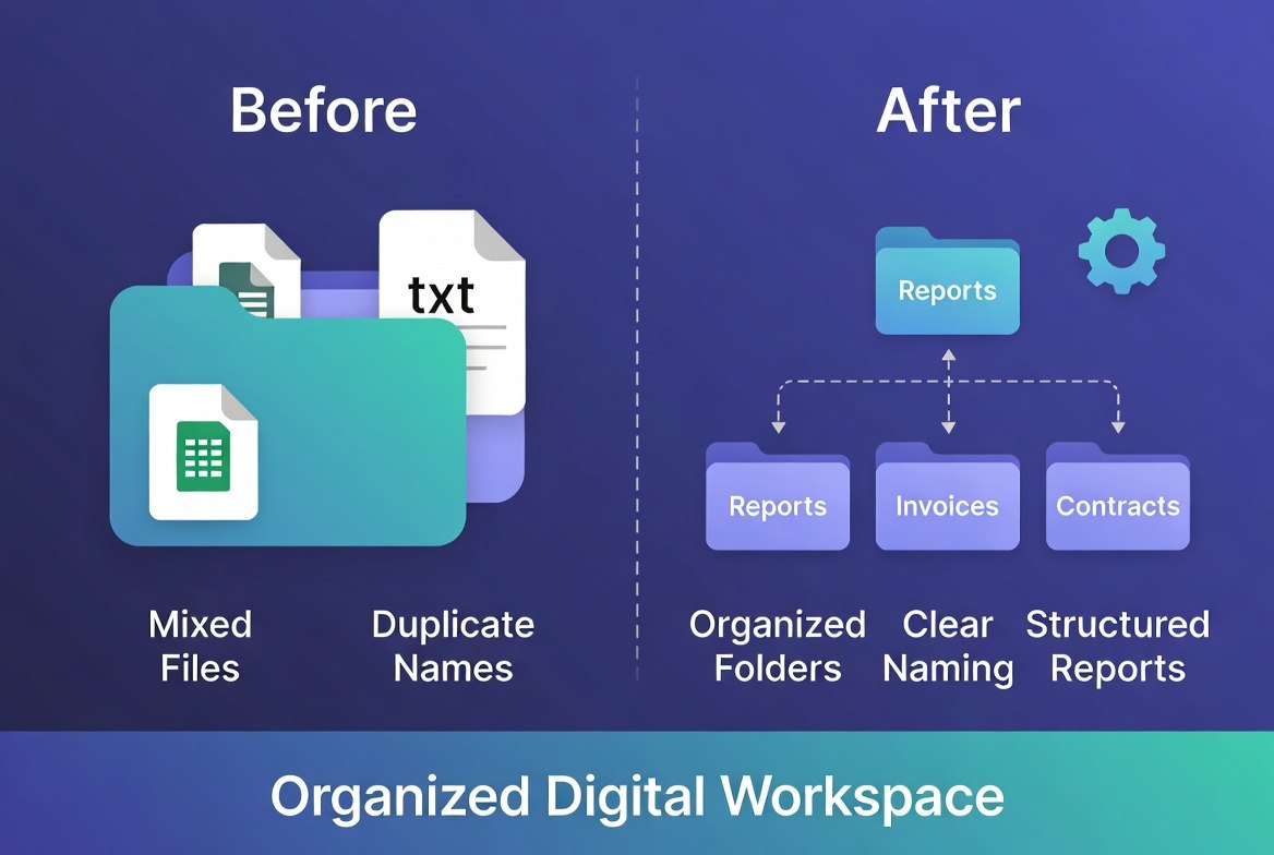 A digital infographic comparing a messy 'Before' state with an organized 'After' state for digital files. The left side shows a teal folder labeled 'Mixed Files' and a white file labeled 'Duplicate Names' under the heading 'Before'.