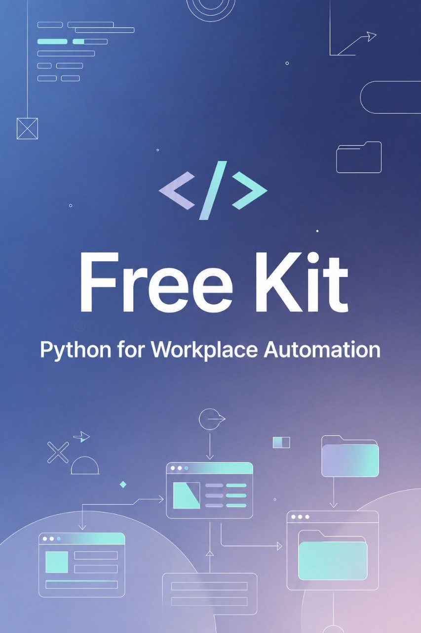 A digital cover graphic for a 'Free Kit' Python workshop on workplace automation, featuring a blue and purple gradient background with minimalist tech UI line drawings and white text.