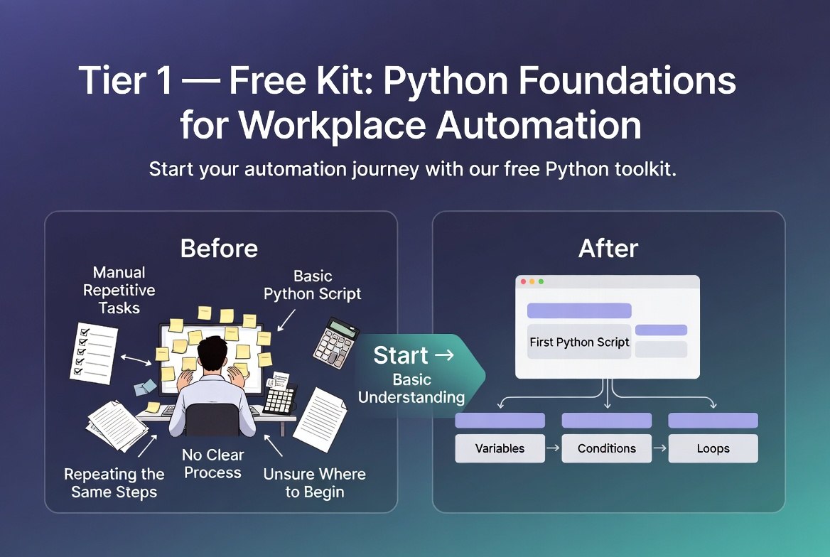 Promotional infographic for a Python foundations free kit for workplace automation, showing a 'Before' and 'After' comparison with an illustration of a person working at a desk and a computer screen displaying a first Python script.