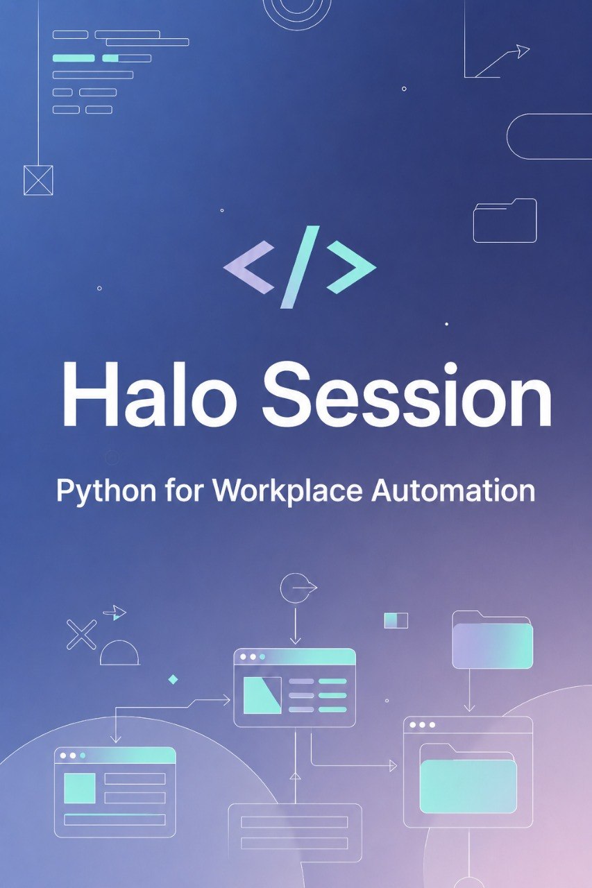 A digital cover graphic for a session titled 'Halo Session: Python for Workplace Automation' on a blue-to-purple gradient background with white and light teal code and workflow icons.