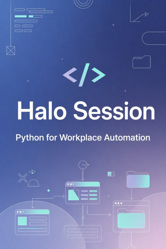 A digital cover graphic for a session titled 'Halo Session: Python for Workplace Automation' on a blue-to-purple gradient background with white and light teal code and workflow icons.