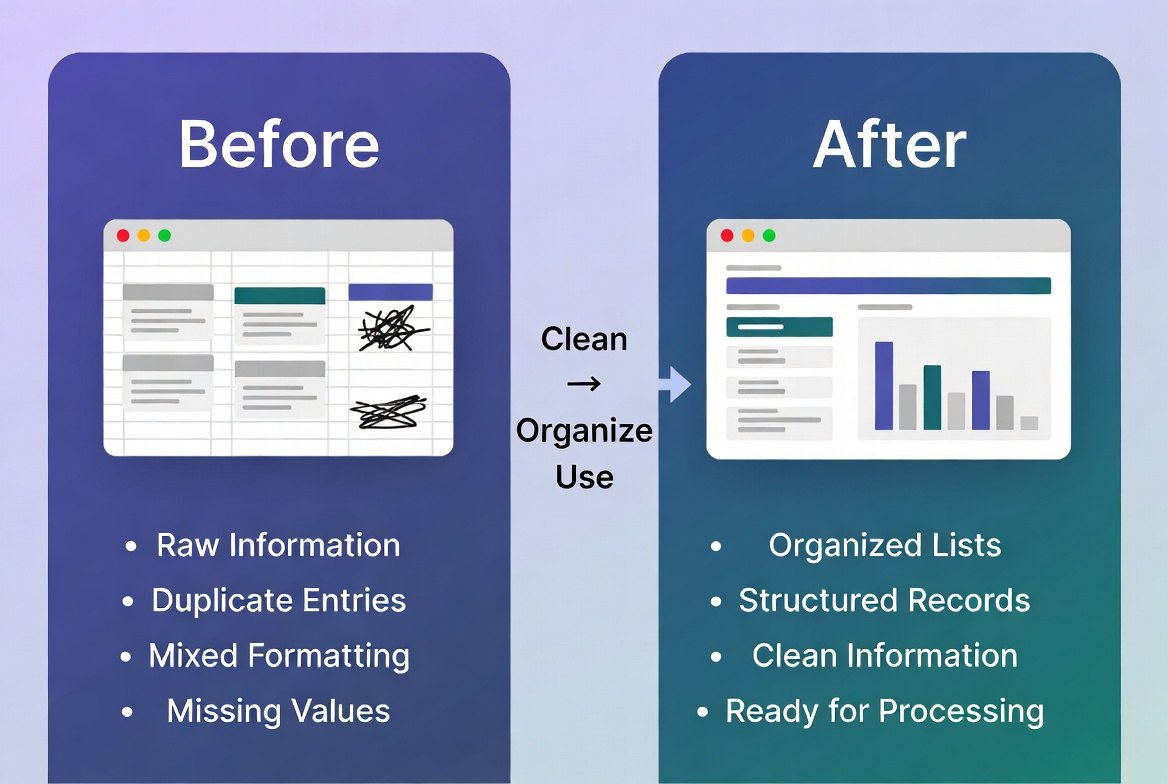 A digital infographic comparing a messy 'Before' state with a clean 'After' state. The left panel, in dark blue, shows a spreadsheet-like screenshot with messy scribbles and lists such as 'Raw Information', 'Duplicate Entries', and 'Missing Values'.