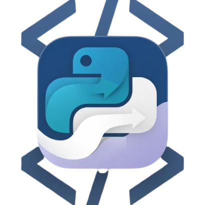 A stylized Python logo icon with a blue and teal snake on a rounded square, centered on a white background with dark blue geometric rays extending outward.
