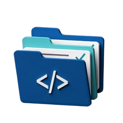 A 3D digital illustration of three computer folders in shades of blue, teal, and white, with a white HTML code symbol on the front blue folder, set against a plain white background.
