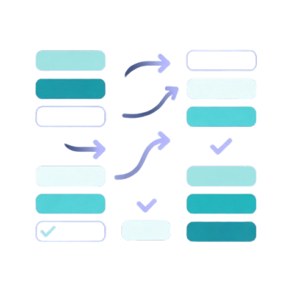A digital graphic showing a before-and-after comparison of a checklist or task list, with teal and light blue rounded rectangular boxes, purple arrows, and check marks on a white background.