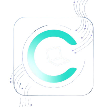 A minimalist digital logo featuring a stylized teal and light blue gradient letter 'C' inside a rounded square, with a faint laptop icon at the center and thin decorative curved lines around it on a white background.