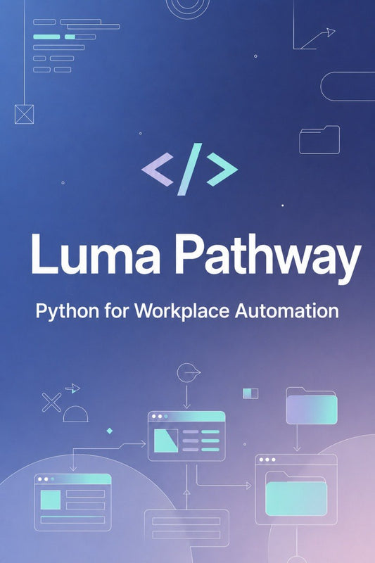 A digital cover graphic for 'Luma Pathway: Python for Workplace Automation' featuring a blue and purple gradient background with minimalist tech icons and white text.