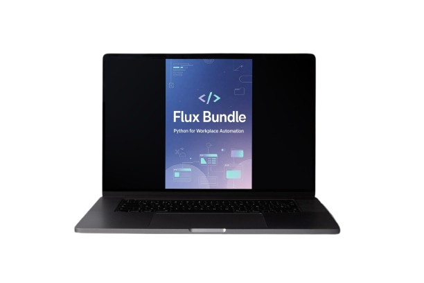 A dark gray laptop shown open against a plain white background, with the screen displaying a blue and purple interface that reads 'Flux Bundle' and 'Python for Workplace Automation.'.