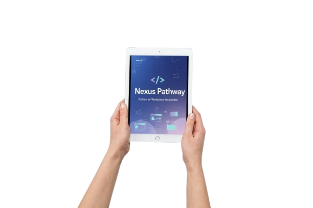 A person holding a white tablet with both hands against a plain white background. The tablet screen displays the text 'Nexus Pathway' with a dark blue and purple gradient background and white code symbols.