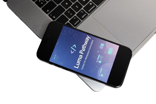 A black smartphone displaying the Luma Pathway app interface, resting on the edge of a silver laptop against a white background.