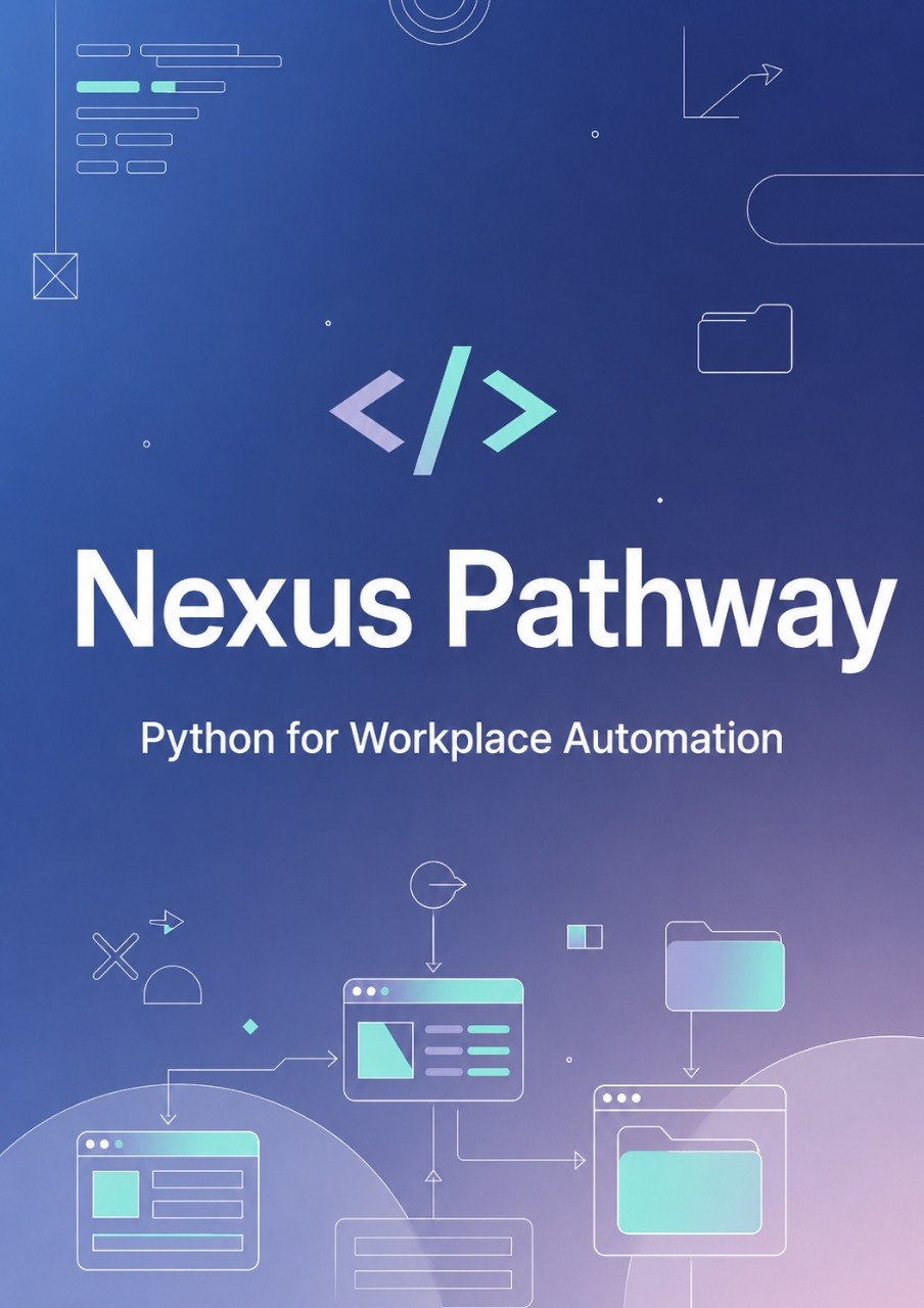 A digital cover graphic for 'Nexus Pathway: Python for Workplace Automation' featuring a blue-to-purple gradient background with white and teal text and minimalist technology-themed line icons.