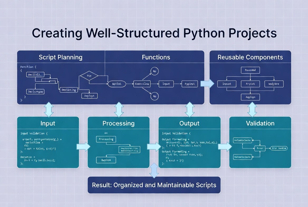 A digital infographic titled 'Creating Well-Structured Python Projects' showing a workflow from 'Script Planning' and 'Functions' to 'Reusable Components,' with boxes for 'Input,' 'Processing,' 'Output,' and 'Validation.' The design uses dark blue and teal blocks with white arrows on a pale blue background.