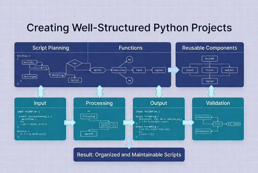 A digital infographic titled 'Creating Well-Structured Python Projects' showing a workflow from 'Script Planning' and 'Functions' to 'Reusable Components,' with boxes for 'Input,' 'Processing,' 'Output,' and 'Validation.' The design uses dark blue and teal blocks with white arrows on a pale blue background.