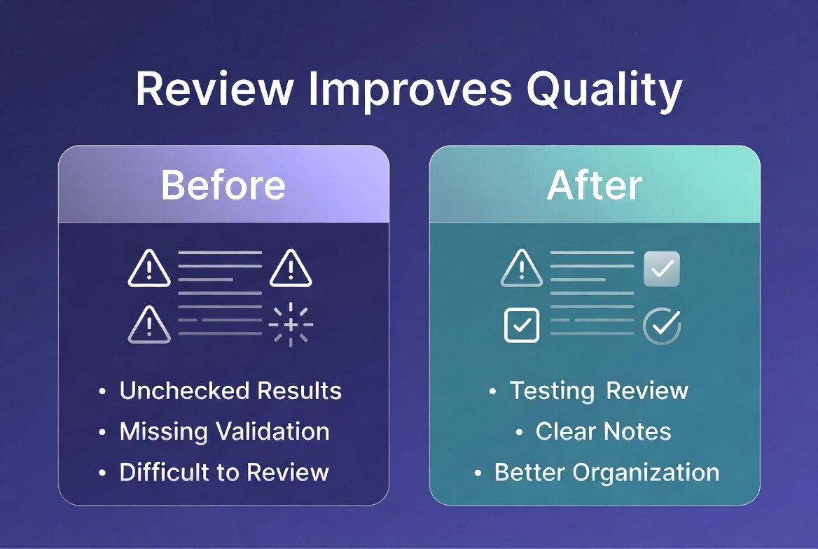 A digital infographic on a dark blue gradient background with the title 'Review Improves Quality.' Two rounded panels compare 'Before' and 'After' workflow improvements: the left panel is purple and lists unchecked results, missing validation, and difficulty reviewing; the right panel is teal and lists testing review, clear notes, and better organization.