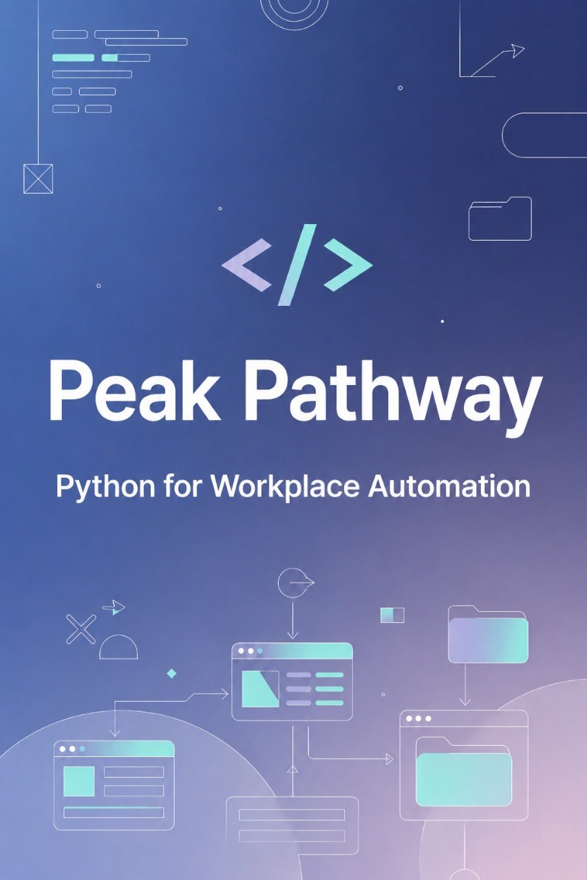 A digital cover graphic for 'Peak Pathway: Python for Workplace Automation' featuring a blue and purple gradient background with white and light teal text and minimalist technology-themed line icons.