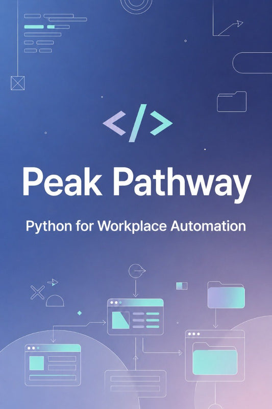A digital cover graphic for 'Peak Pathway: Python for Workplace Automation' featuring a blue and purple gradient background with white and light teal text and minimalist technology-themed line icons.