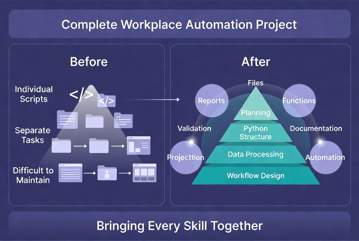 A digital infographic diagram titled 'Complete Workplace Automation Project' comparing a 'Before' state with an 'After' state. The 'Before' section shows a pyramid of manual tasks like individual scripts, separate tasks, and difficult maintenance.