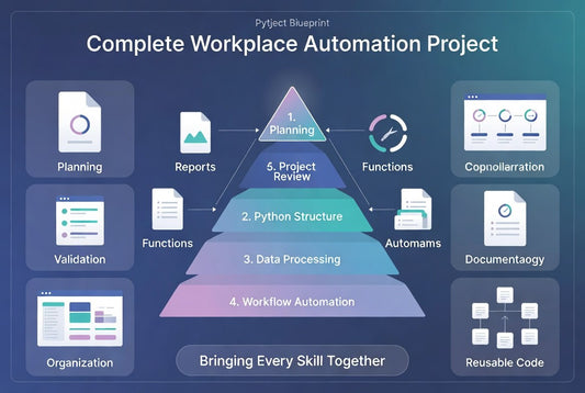 A digital infographic titled 'Complete Workplace Automation Project' on a dark blue background, showing a central pyramid labeled Planning, Python Structure, Data Processing, and Workflow Automation, surrounded by icons and labels for Reports, Functions, Copnllaration, Documentaogy, Organization, and Reusable Code.