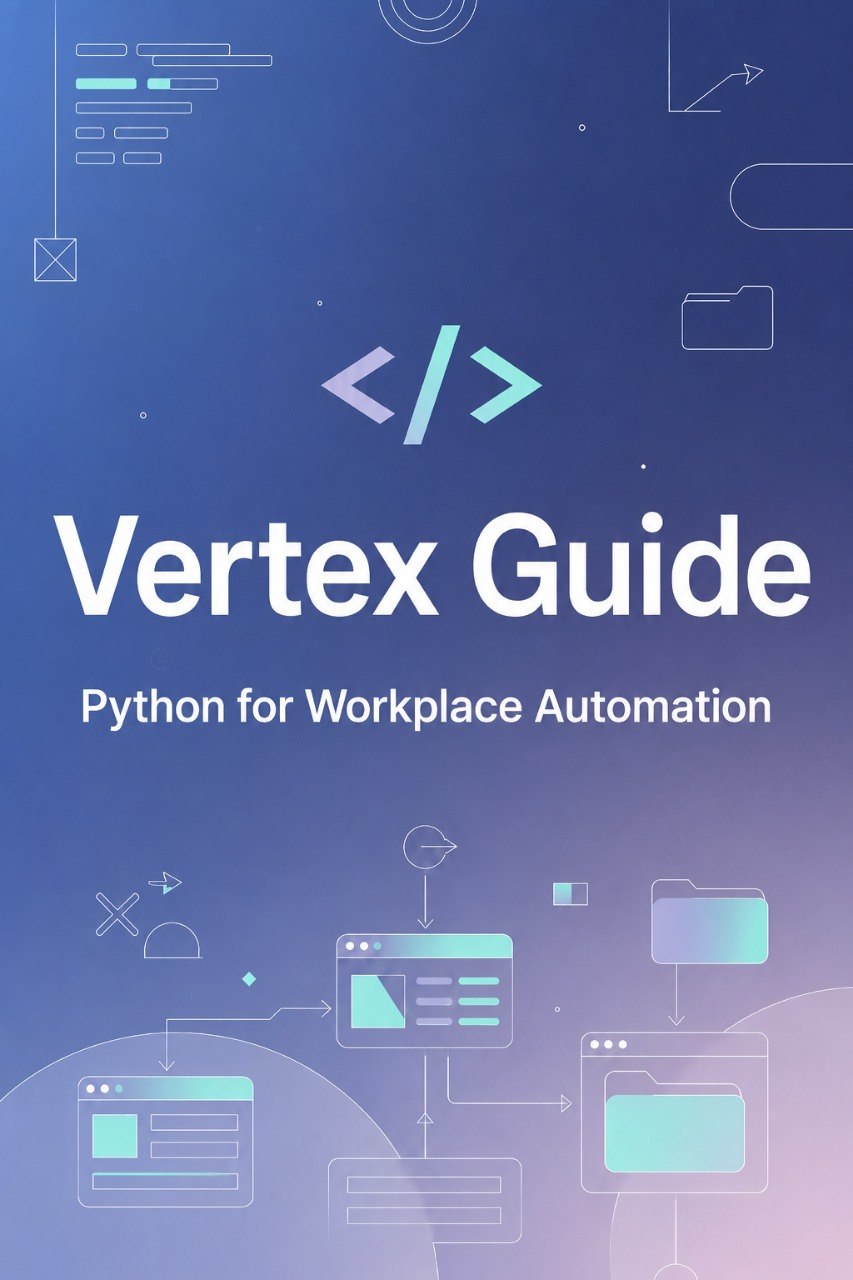 A digital cover graphic for a guide titled 'Vertex Guide: Python for Workplace Automation' on a blue-to-purple gradient background with white and cyan code symbols and minimalist tech illustrations.