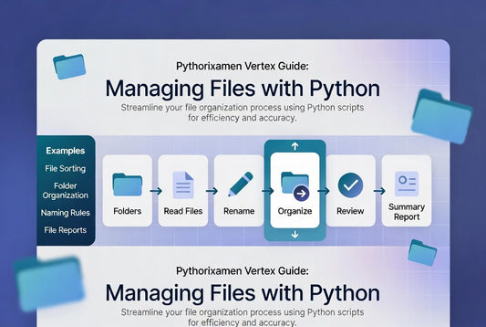 A digital infographic titled 'Pythorixamen Vertex Guide: Managing Files with Python' on a blue gradient background. It shows a file organization workflow with icons and labels for folders, read files, rename, organize, review, and summary report, plus a sidebar listing examples such as file sorting, folder organization, naming rules, and file reports.