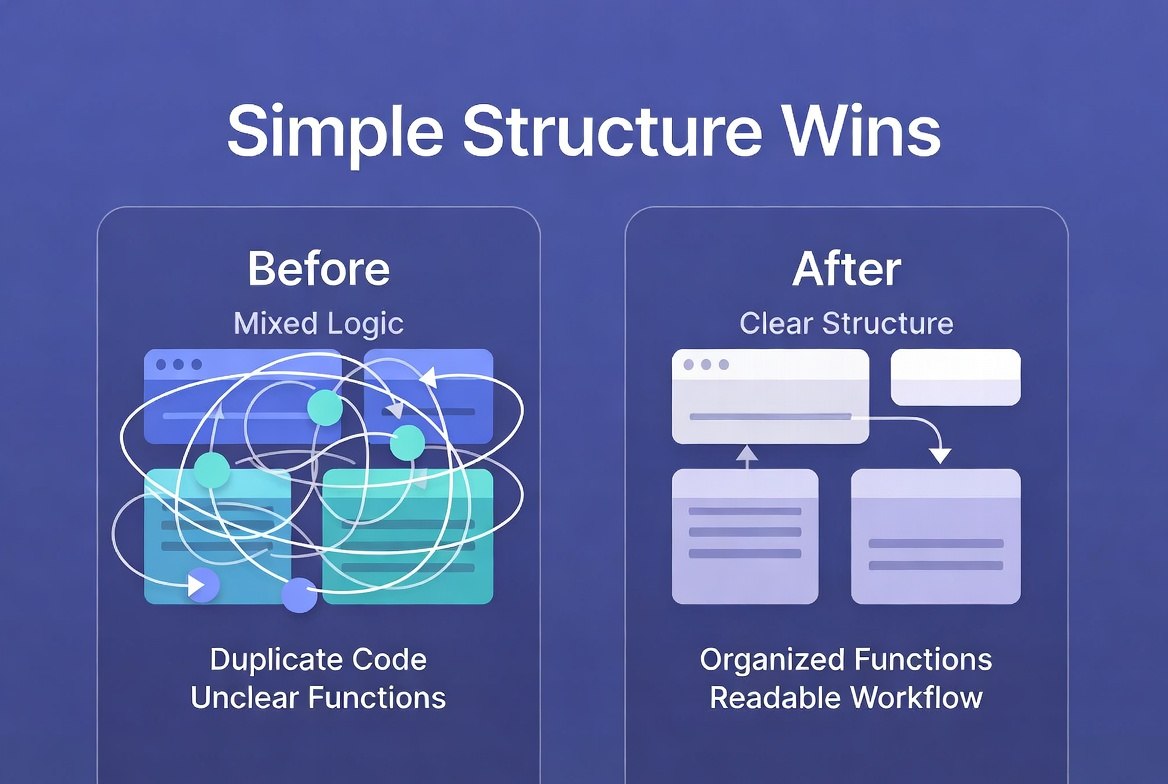 A blue and purple infographic titled 'Simple Structure Wins' comparing a messy 'Before' state with a clean 'After' state. The left panel shows tangled code-like shapes labeled 'Before' with 'Mixed Logic' and 'Duplicate Code Unclear Functions.